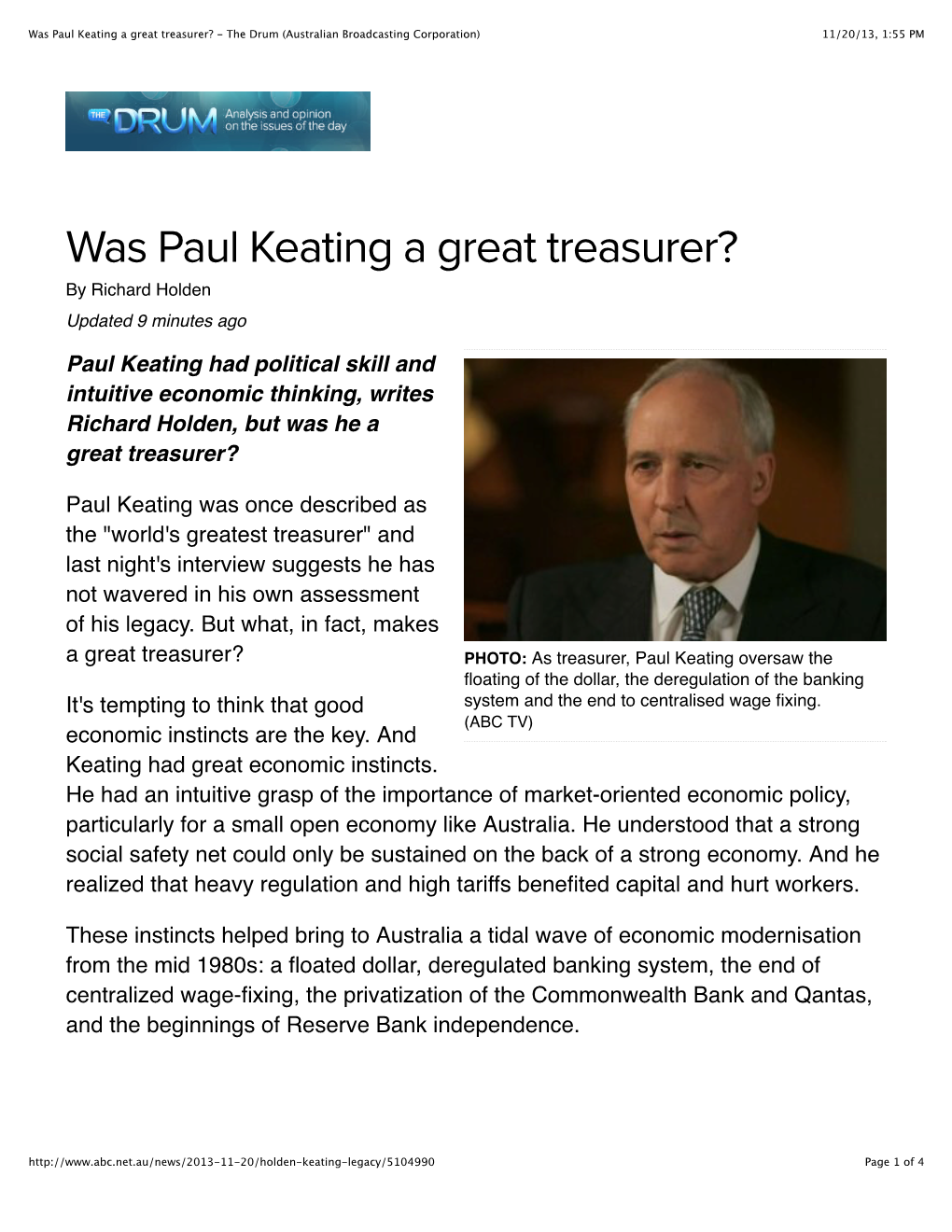 Was Paul Keating a Great Treasurer? - the Drum (Australian Broadcasting Corporation) 11/20/13, 1:55 PM