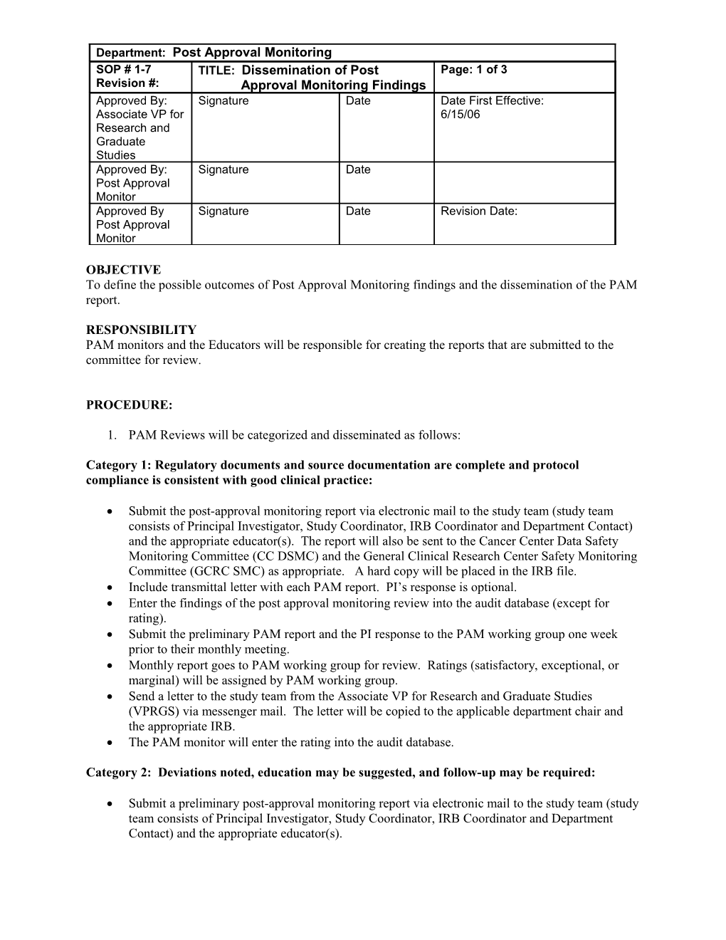 1. PAM Reviews Will Be Categorized and Disseminated As Follows