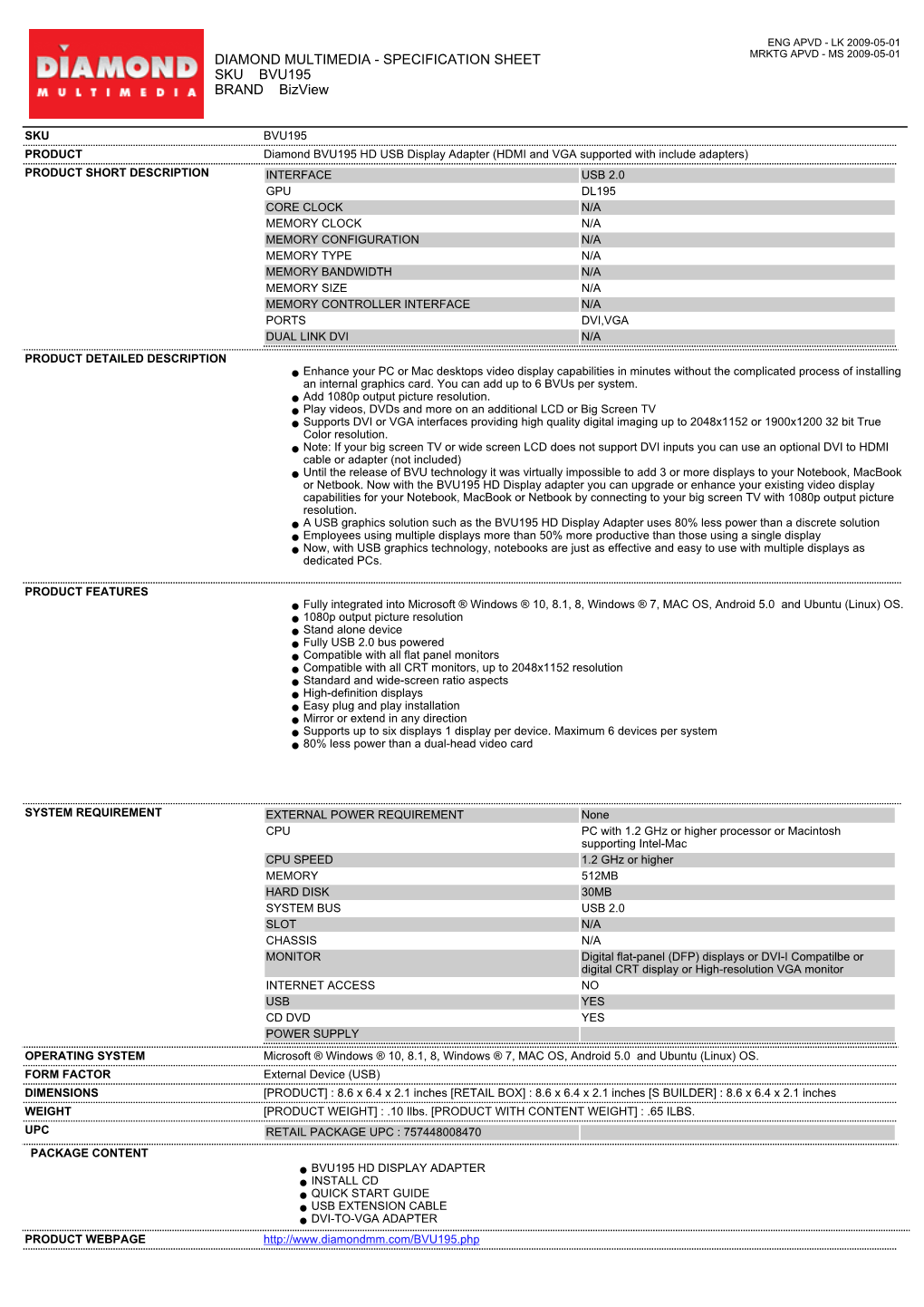 Specification Sheet Sku