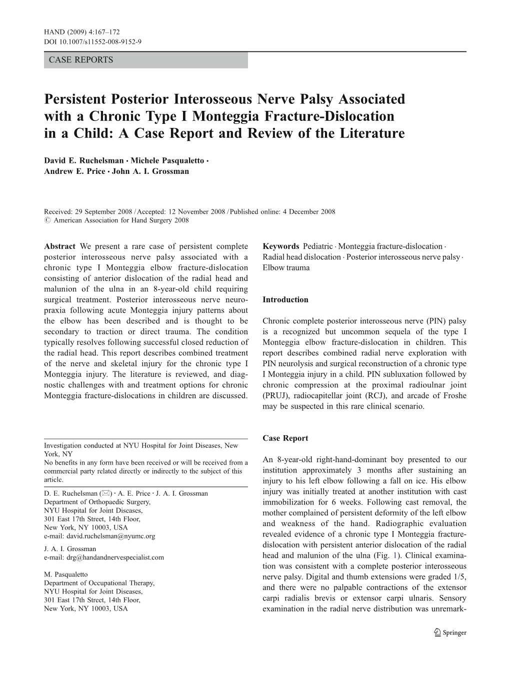 Persistent Posterior Interosseous Nerve Palsy Associated with a Chronic Type I Monteggia Fracture-Dislocation in a Child: a Case Report and Review of the Literature