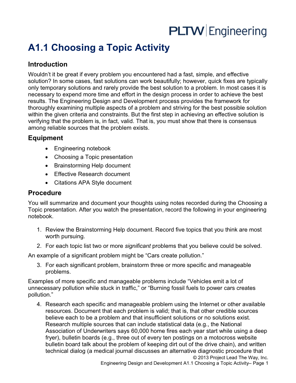 A1.1 Choosing a Topic Activity