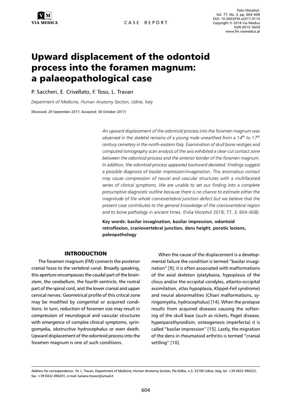 Upward Displacement of the Odontoid Process Into the Foramen Magnum: a Palaeopathological Case P