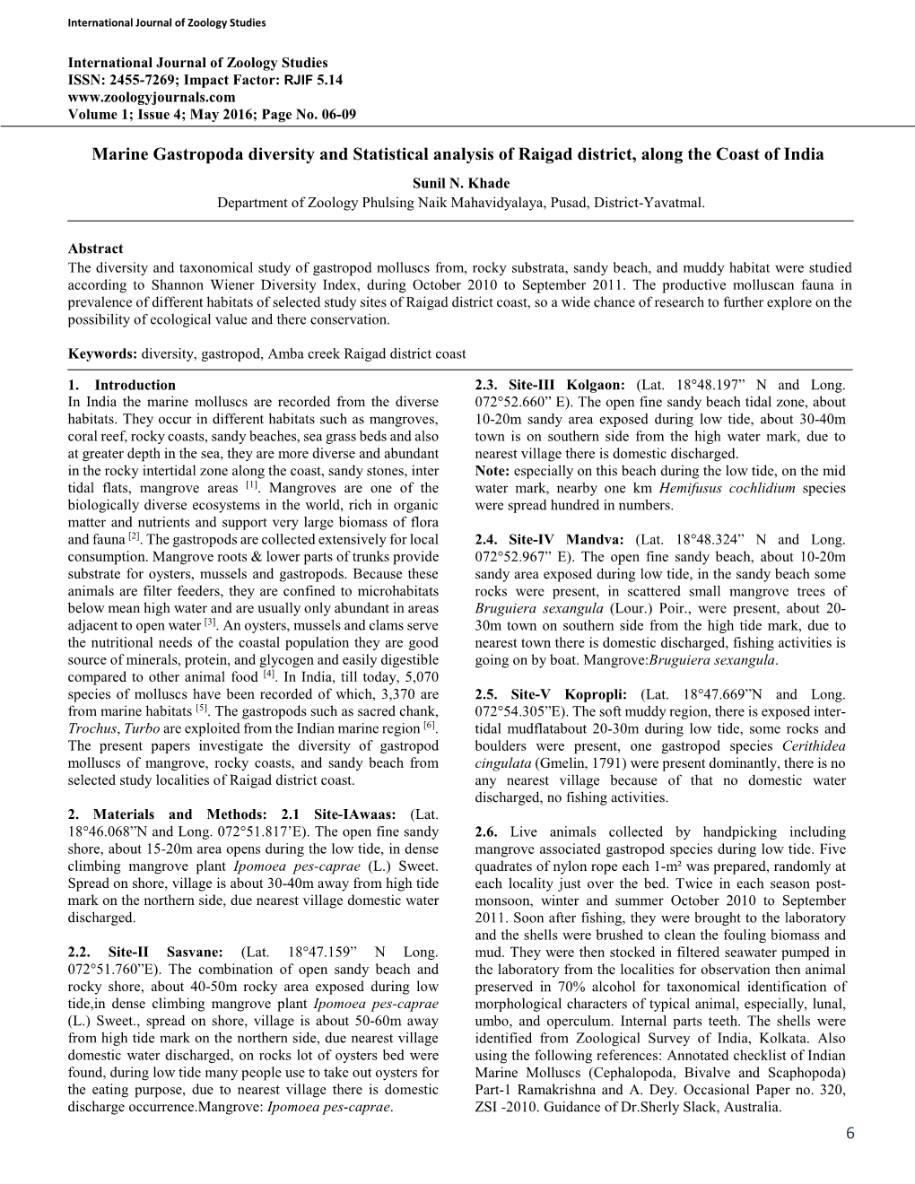 6 Marine Gastropoda Diversity and Statistical Analysis of Raigad District, Along the Coast of India