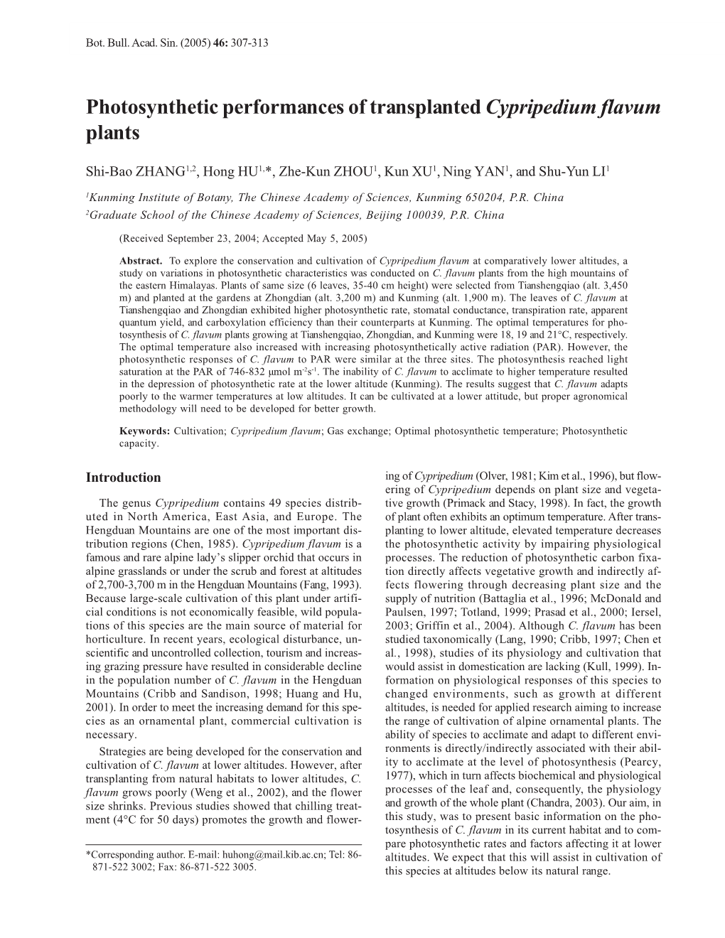 Photosynthetic Performances of Transplanted Cypripedium Flavum Plants