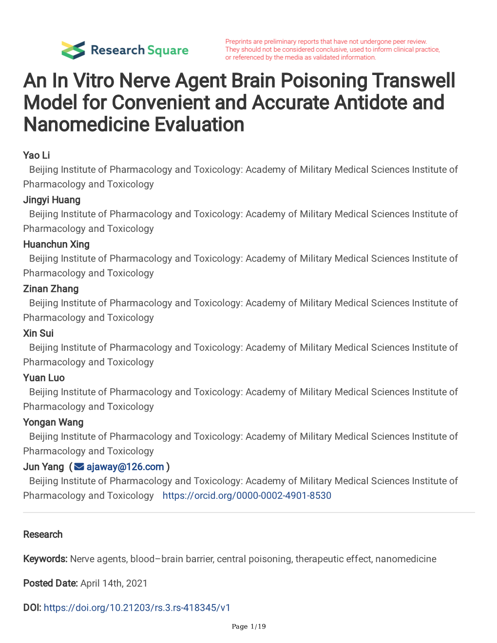 An in Vitro Nerve Agent Brain Poisoning Transwell Model for Convenient and Accurate Antidote and Nanomedicine Evaluation