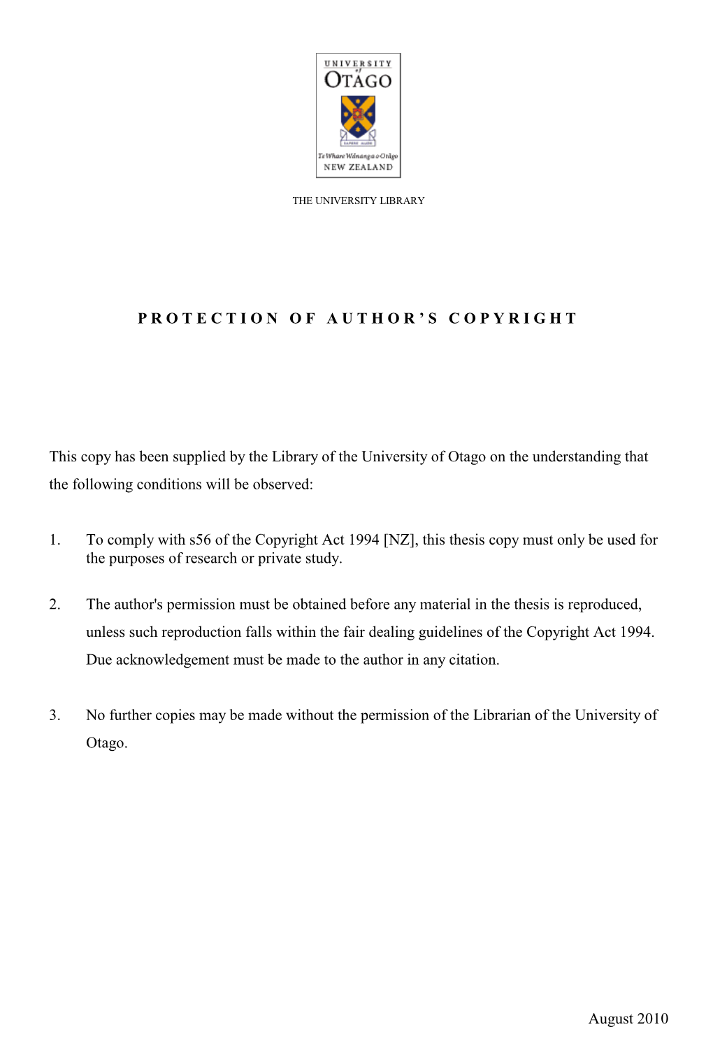 August 2010 PROTECTION of AUTHOR ' S C O P Y R I G H T This