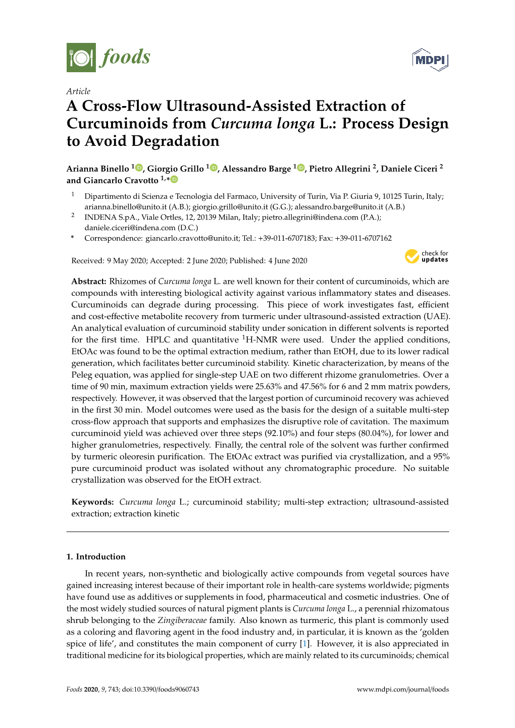 A Cross-Flow Ultrasound-Assisted Extraction of Curcuminoids from Curcuma Longa L.: Process Design to Avoid Degradation