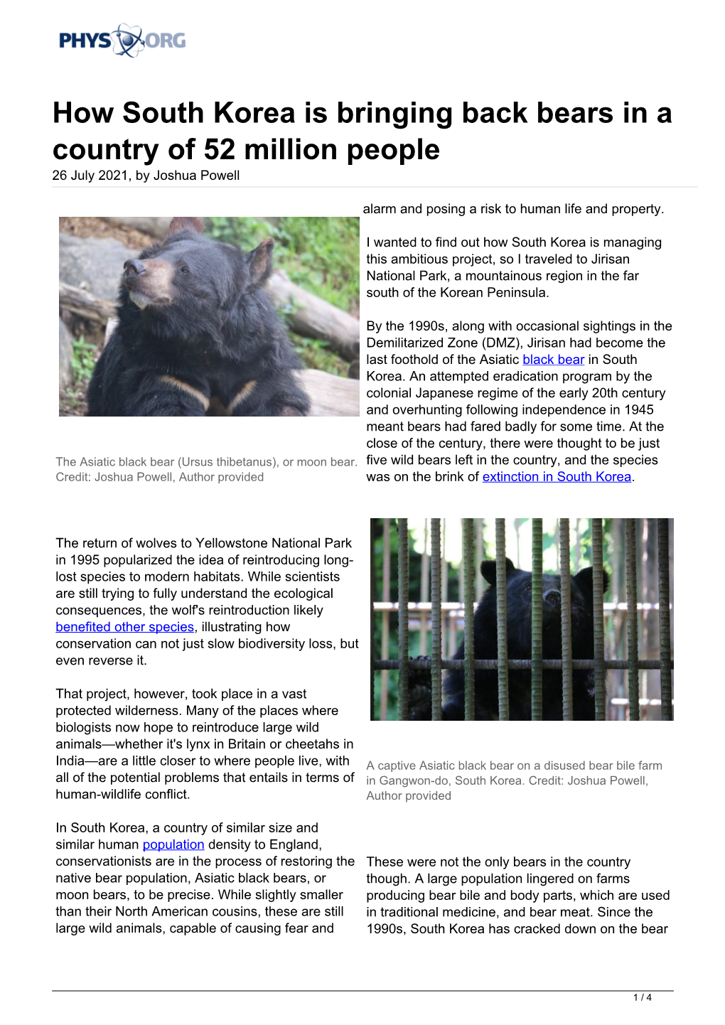 How South Korea Is Bringing Back Bears in a Country of 52 Million People 26 July 2021, by Joshua Powell