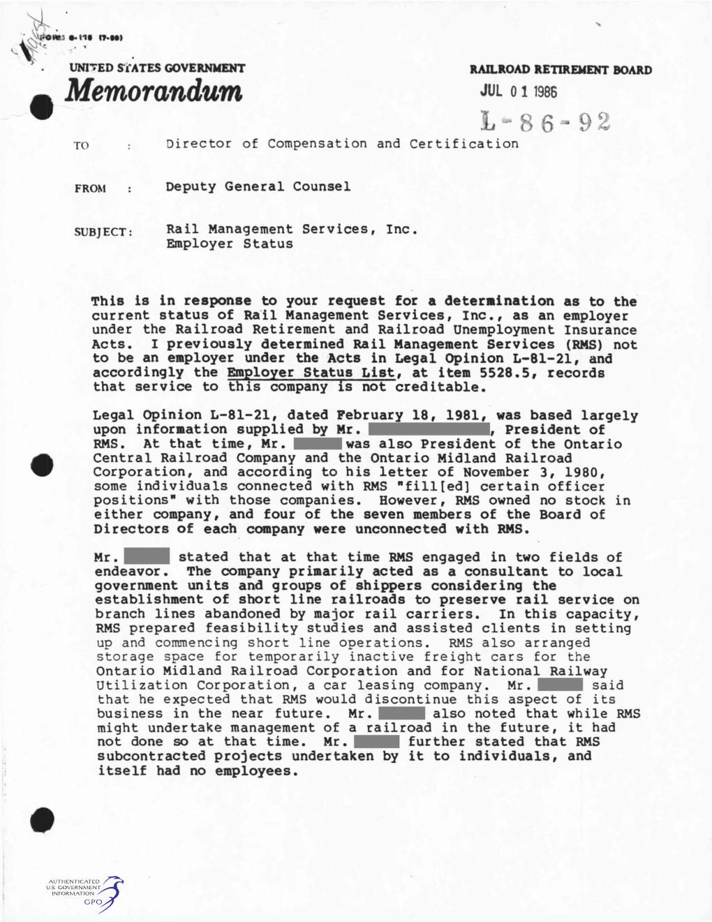 Memorandum JUL 0 11986 L-8 6-92 to Director of Compensation and Certification