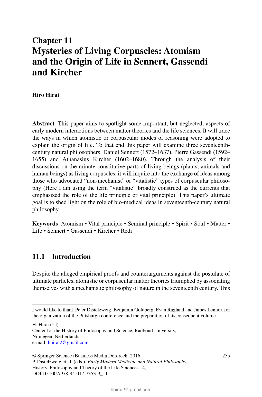 Mysteries of Living Corpuscles: Atomism and the Origin of Life in Sennert, Gassendi and Kircher