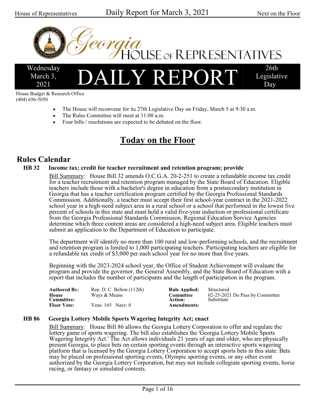 Daily Report for March 3, 2021 Next on the Floor