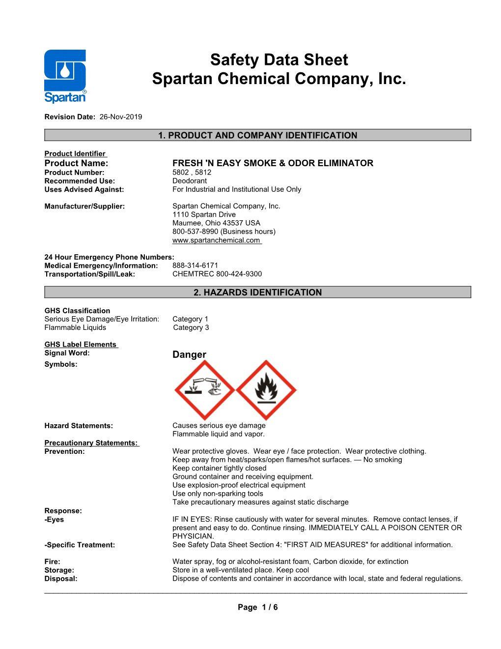 Safety Data Sheet Spartan Chemical Company, Inc