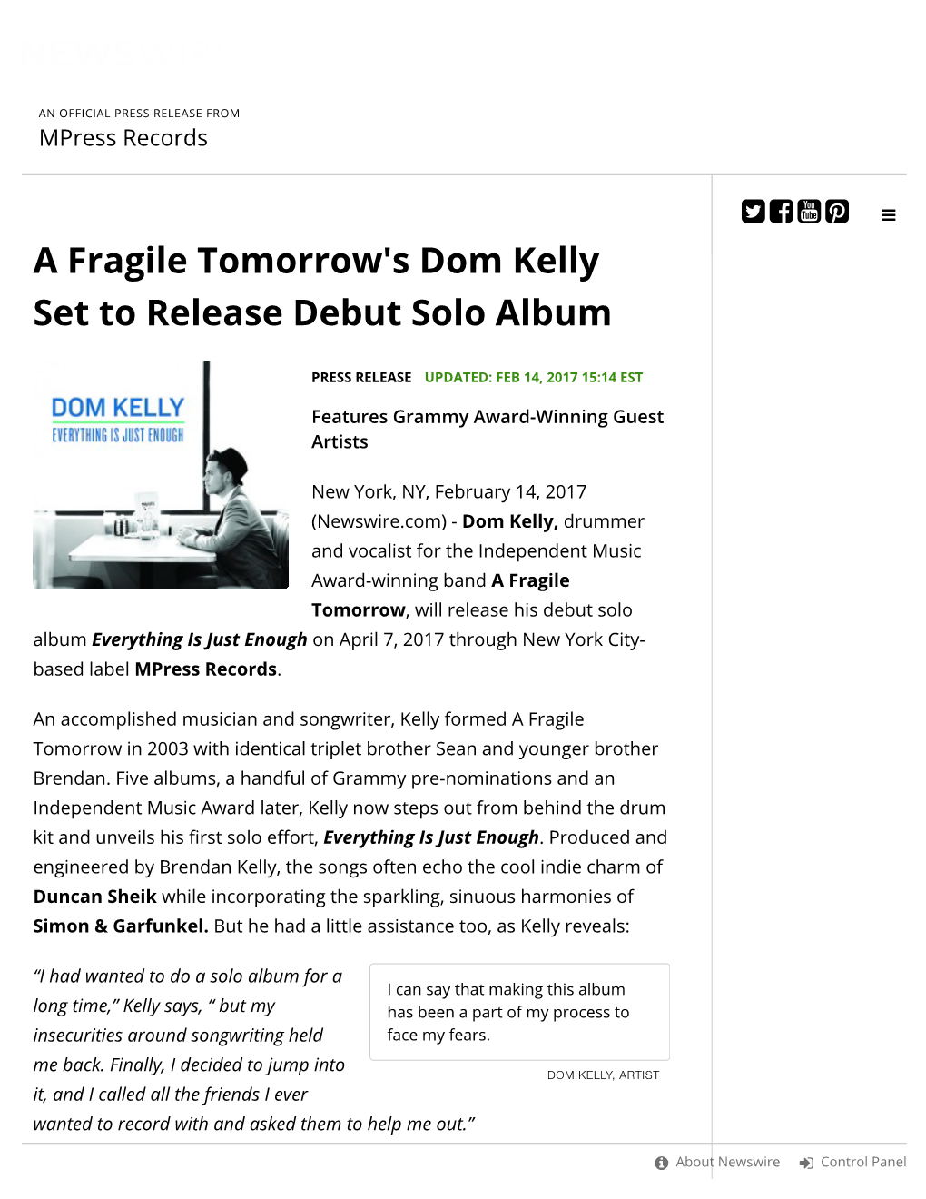 Dom Kelly PR Newswire Press Release 2.14.17