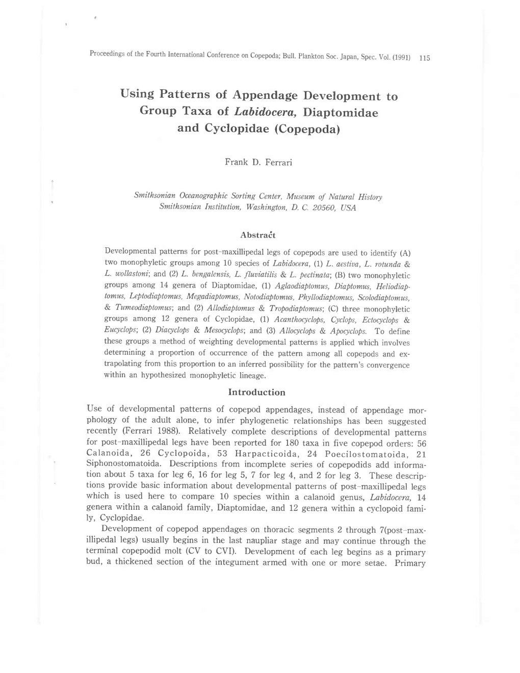 Using Patterns of Appendage Development to Group Taxa of Labidocera, Diaptomidae and Cyclopidae (Copepoda)