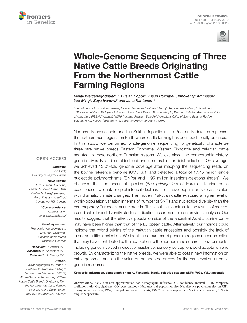 Whole-Genome Sequencing of Three Native Cattle Breeds Originating from the Northernmost Cattle Farming Regions