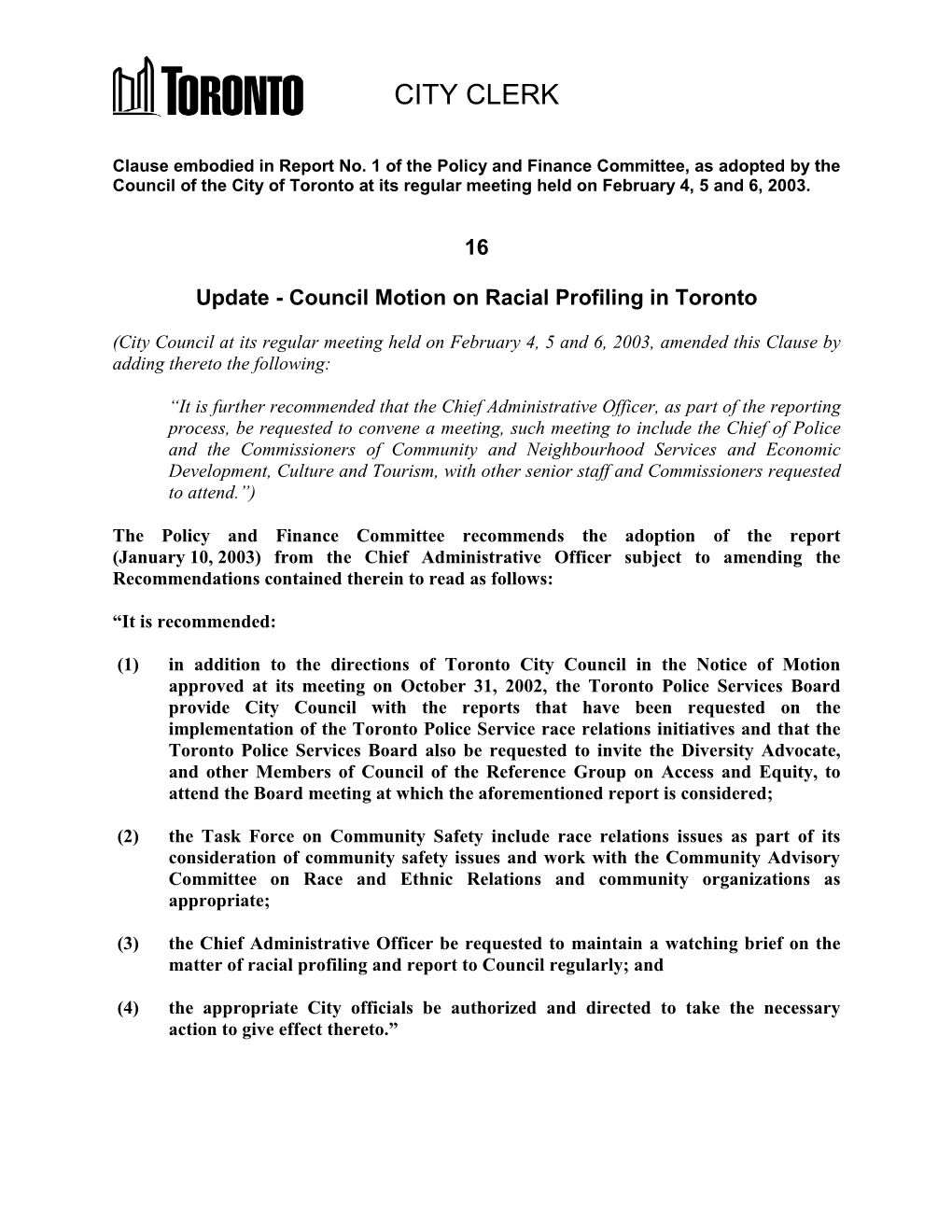 Council Motion on Racial Profiling in Toronto