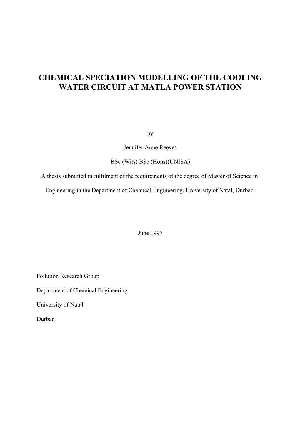 Chemical Speciation Modelling of the Cooling Water Circuit at Matla Power Station