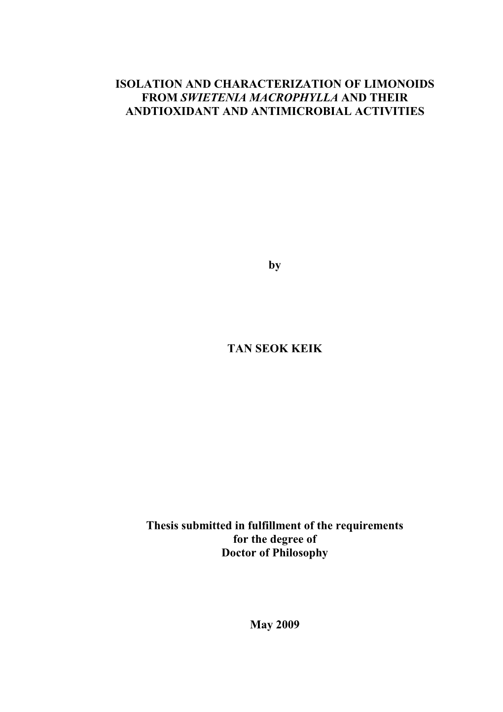 Isolation and Characterization of Limonoids from Swietenia Macrophylla and Their Andtioxidant and Antimicrobial Activities