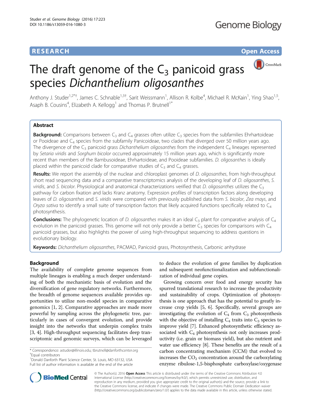 The Draft Genome of the C3 Panicoid Grass Species Dichanthelium Oligosanthes Anthony J