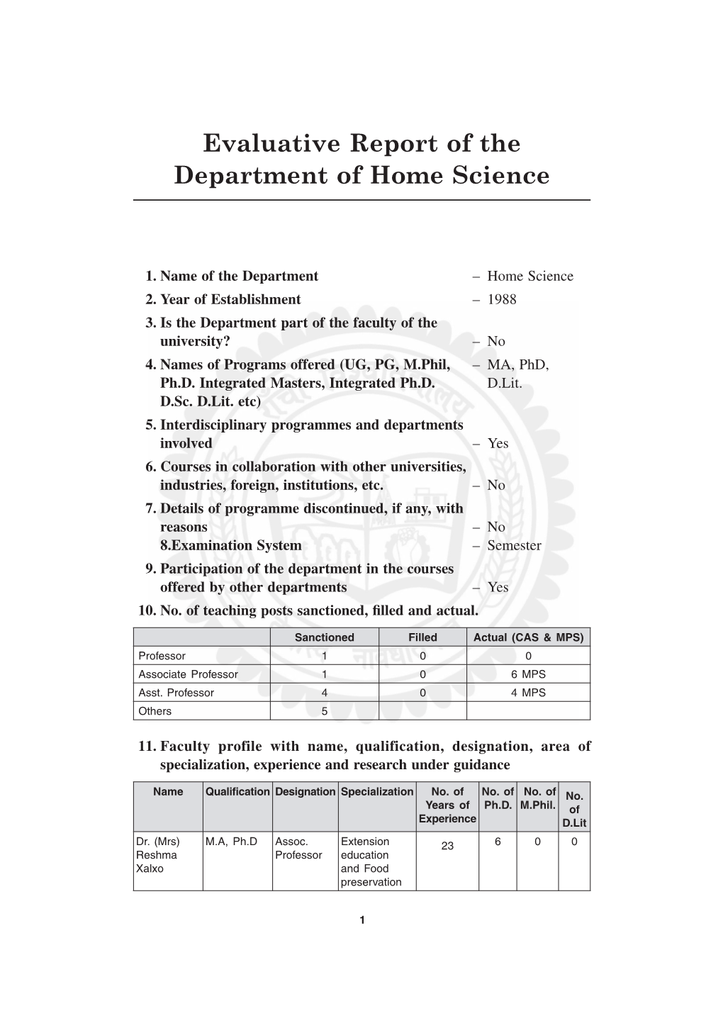 Evaluative Report of the Department of Home Science