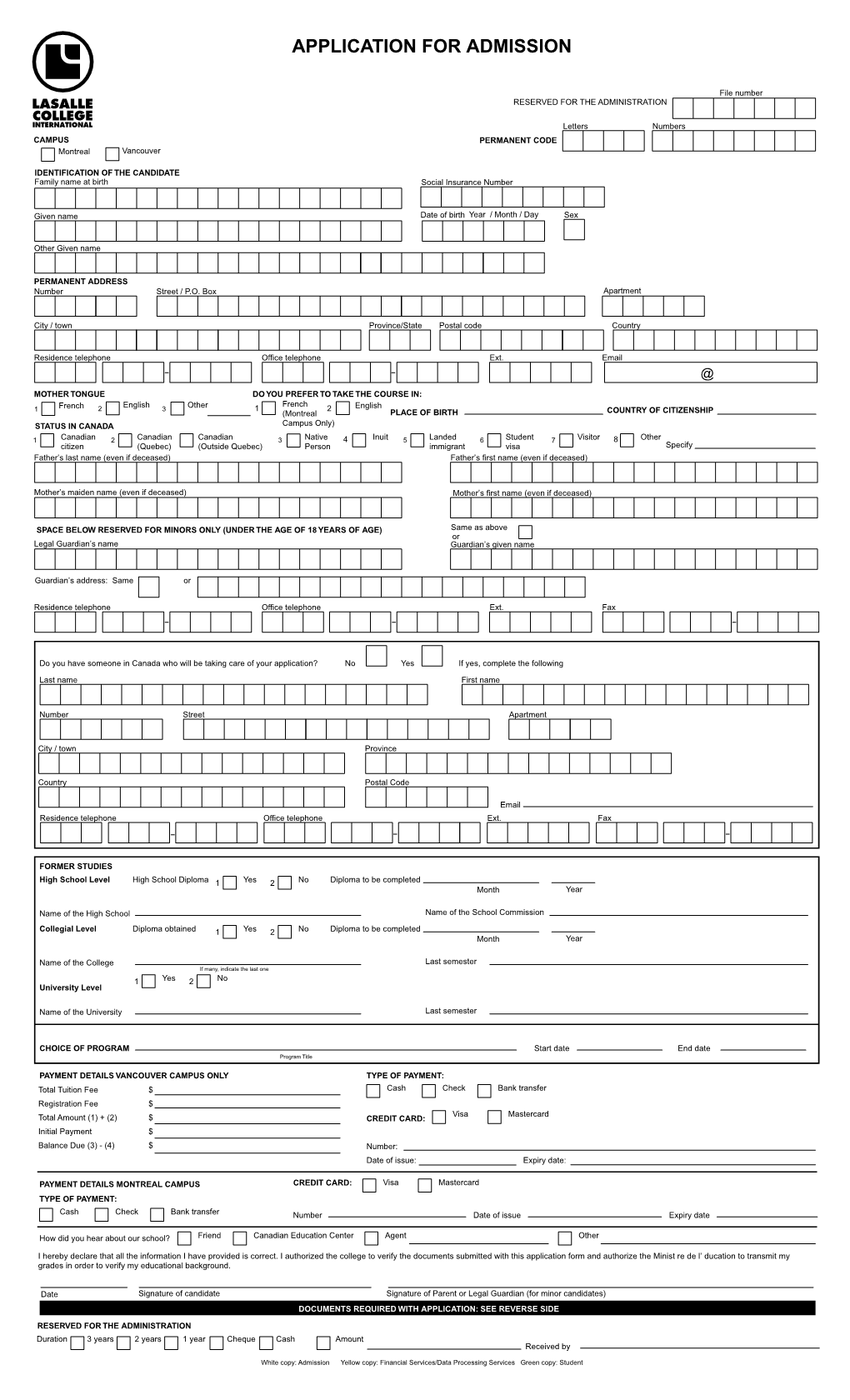 Application for Admission