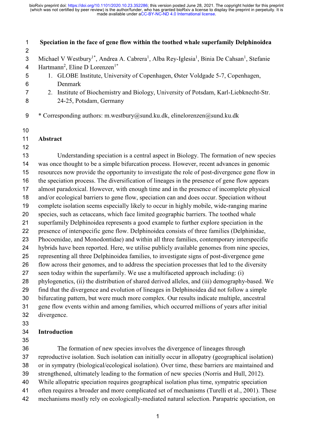 Speciation in the Face of Gene Flow Within the Toothed Whale Superfamily Delphinoidea 2 3 Michael V Westbury1*, Andrea A