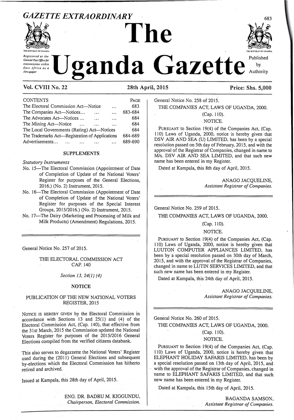 The —Uganda Gazettepublished
