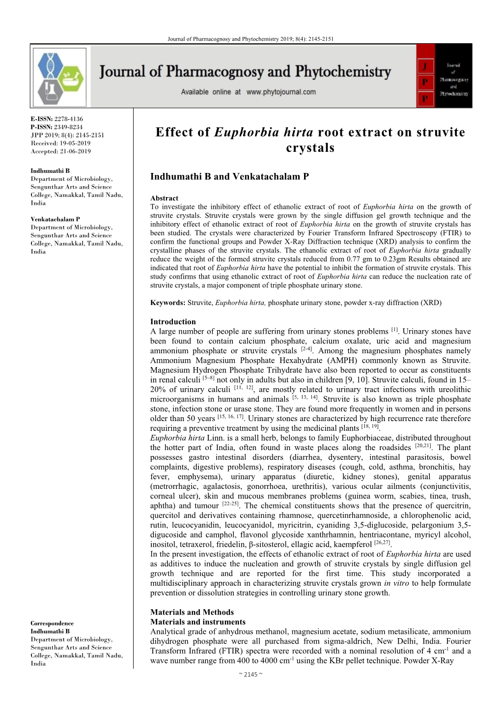 Effect of Euphorbia Hirta Root Extract on Struvite Crystals