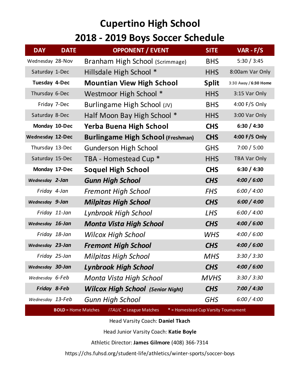 All Winter Schedules 18-19