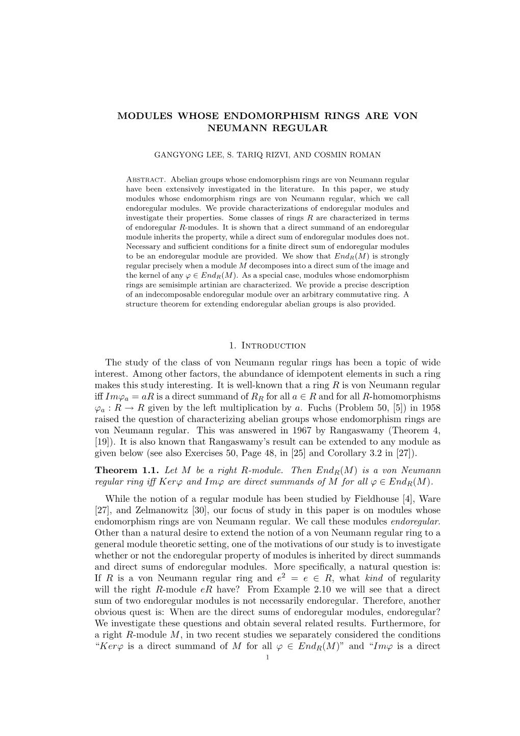 Modules Whose Endomorphism Rings Are Von Neumann Regular