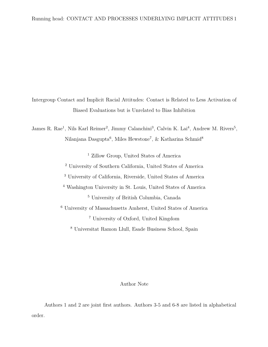 Intergroup Contact and Implicit Racial Attitudes: Contact Is Related to Less Activation of Biased Evaluations but Is Unrelated to Bias Inhibition