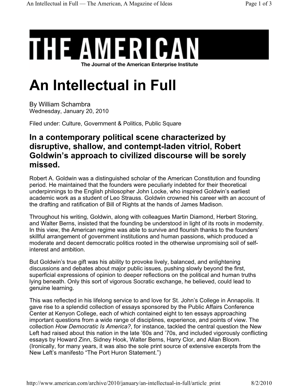 An Intellectual in Full — the American, a Magazine of Ideas Page 1 of 3