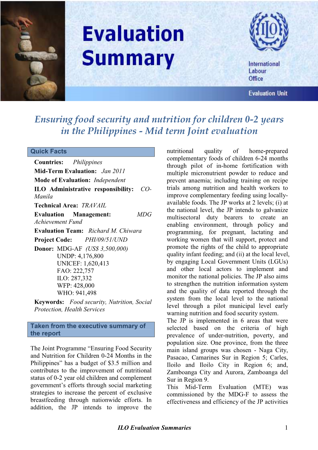 Ensuring Food Security and Nutrition for Children 0-2 Years in the Philippines - Mid Term Joint Evaluation