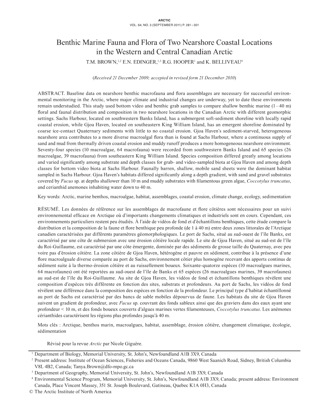 Benthic Marine Fauna and Flora of Two Nearshore Coastal Locations in the Western and Central Canadian Arctic T.M