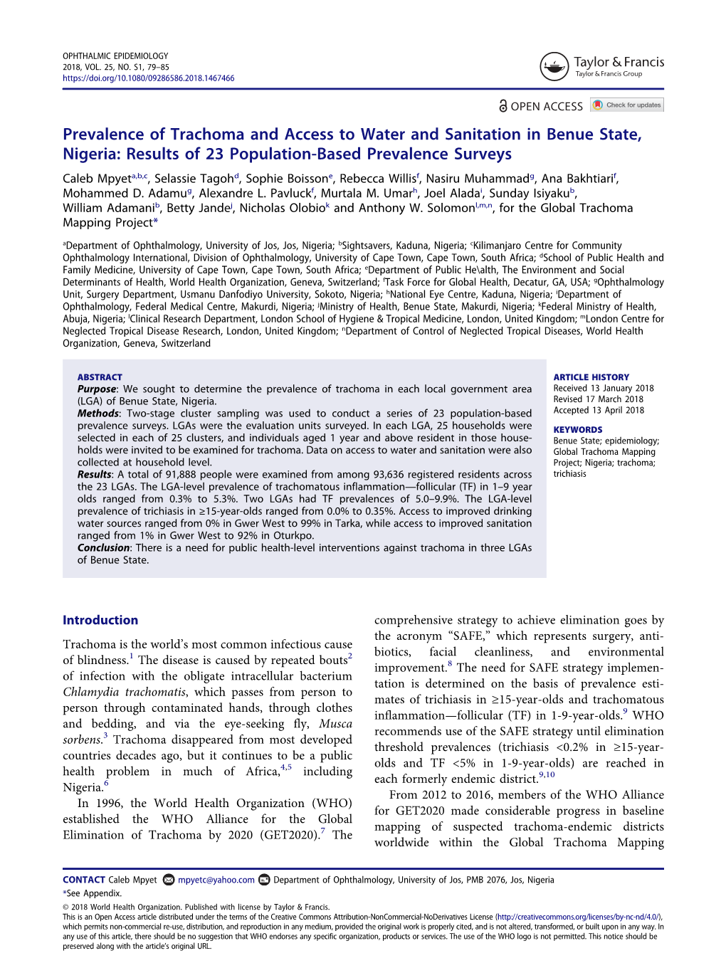 Prevalence of Trachoma and Access to Water And