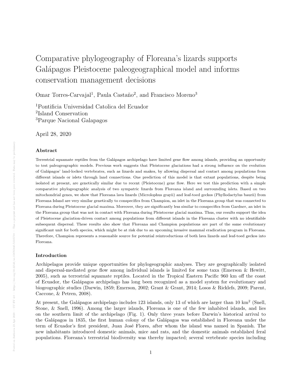 Comparative Phylogeography of Floreana's Lizards Supports