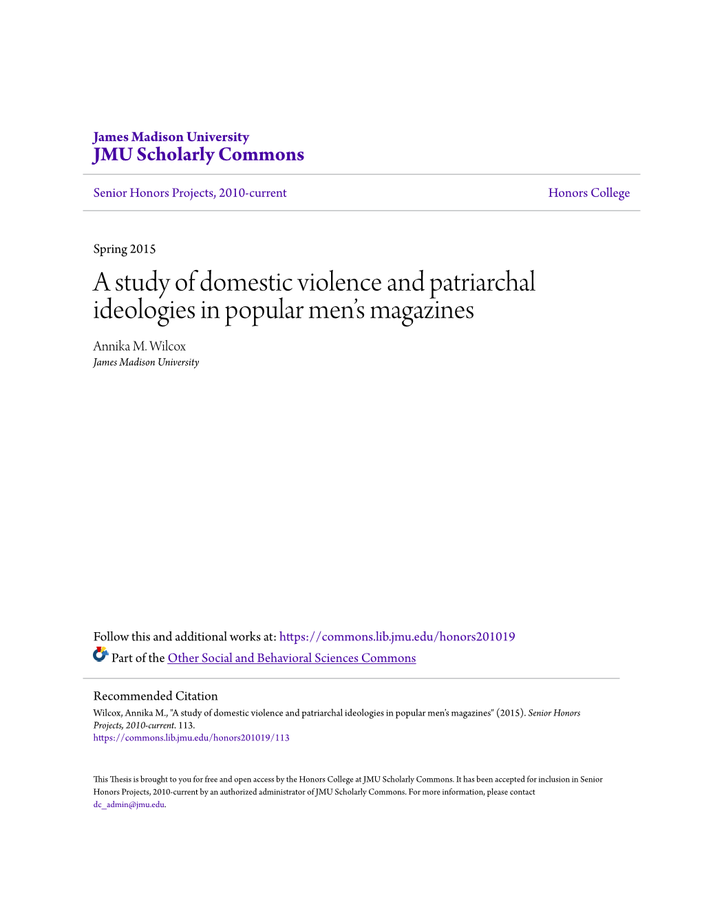 A Study of Domestic Violence and Patriarchal Ideologies in Popular Men’S Magazines Annika M