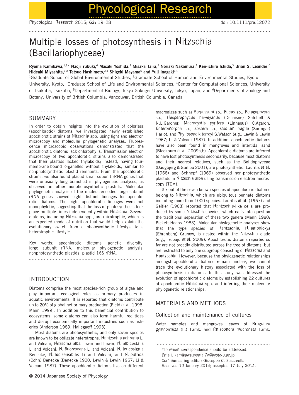 Multiple Losses of Photosynthesis in Nitzschia (Bacillariophyceae)