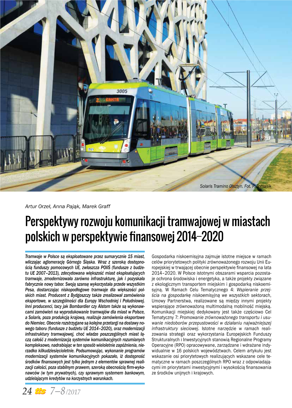 Perspektywy Rozwoju Komunikacji Tramwajowej W Miastach Polskich W Perspektywie Finansowej 2014–2020