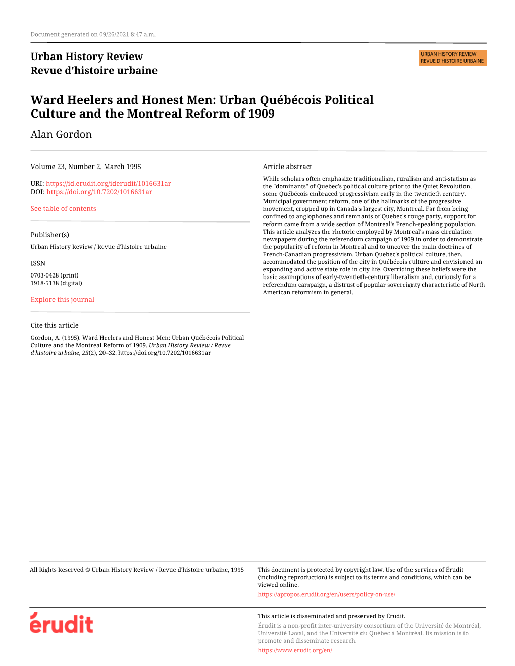 Urban Québécois Political Culture and the Montreal Reform of 1909 Alan Gordon