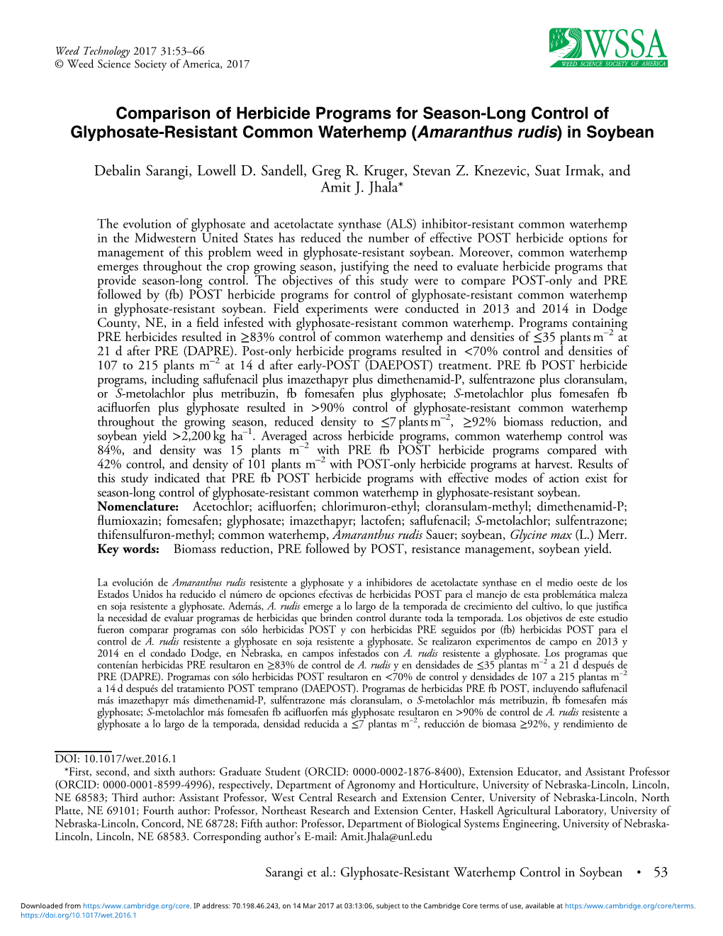 Comparison of Herbicide Programs for Season-Long Control of Glyphosate-Resistant Common Waterhemp (Amaranthus Rudis) in Soybean