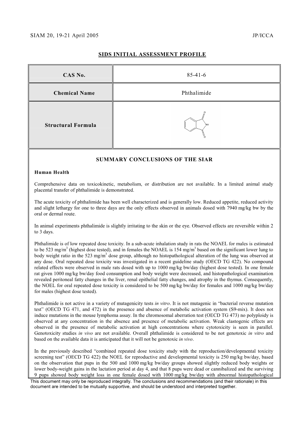 SIAM 20, 19-21 April 2005 SIDS INITIAL ASSESSMENT PROFILE