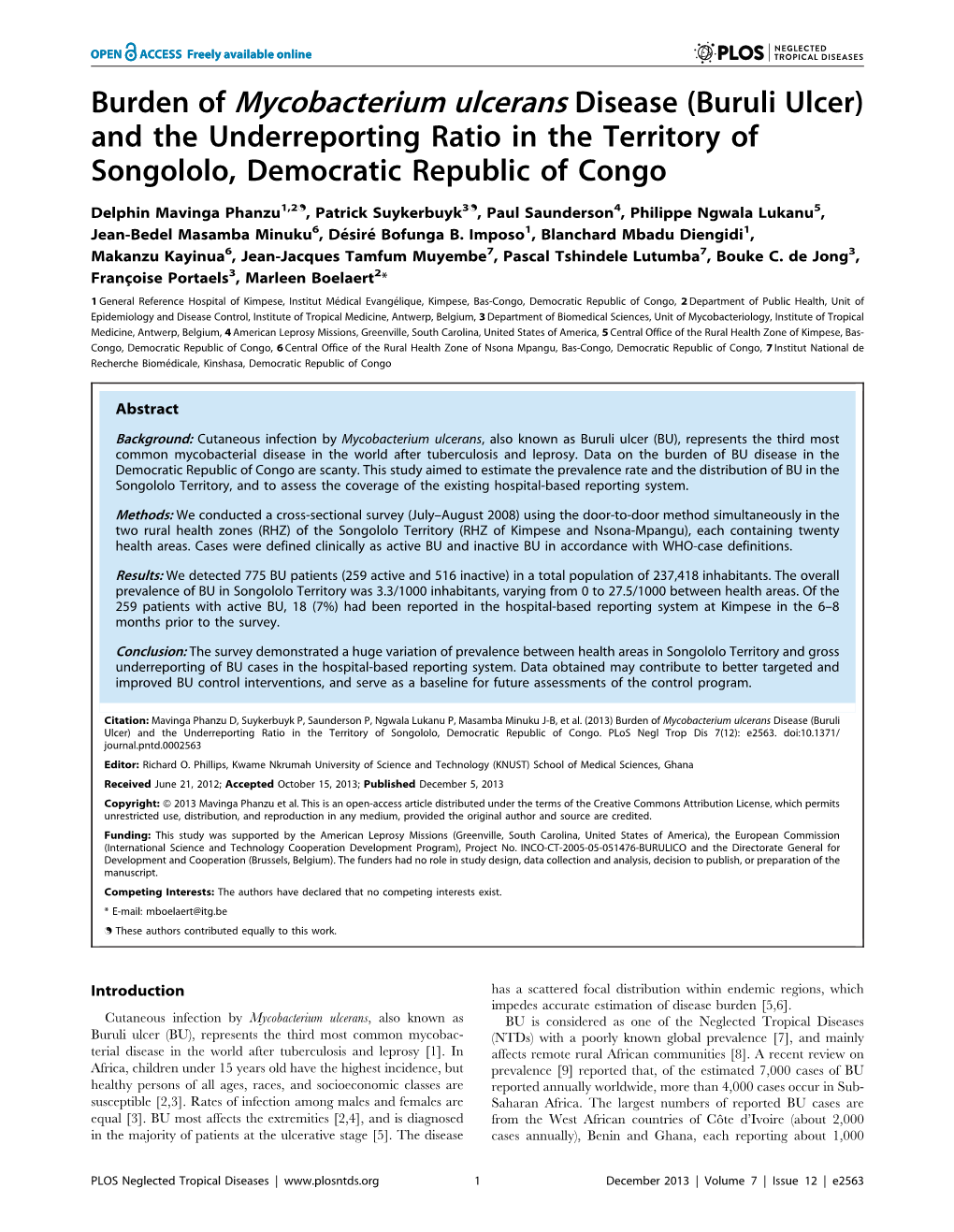 Buruli Ulcer) and the Underreporting Ratio in the Territory of Songololo, Democratic Republic of Congo