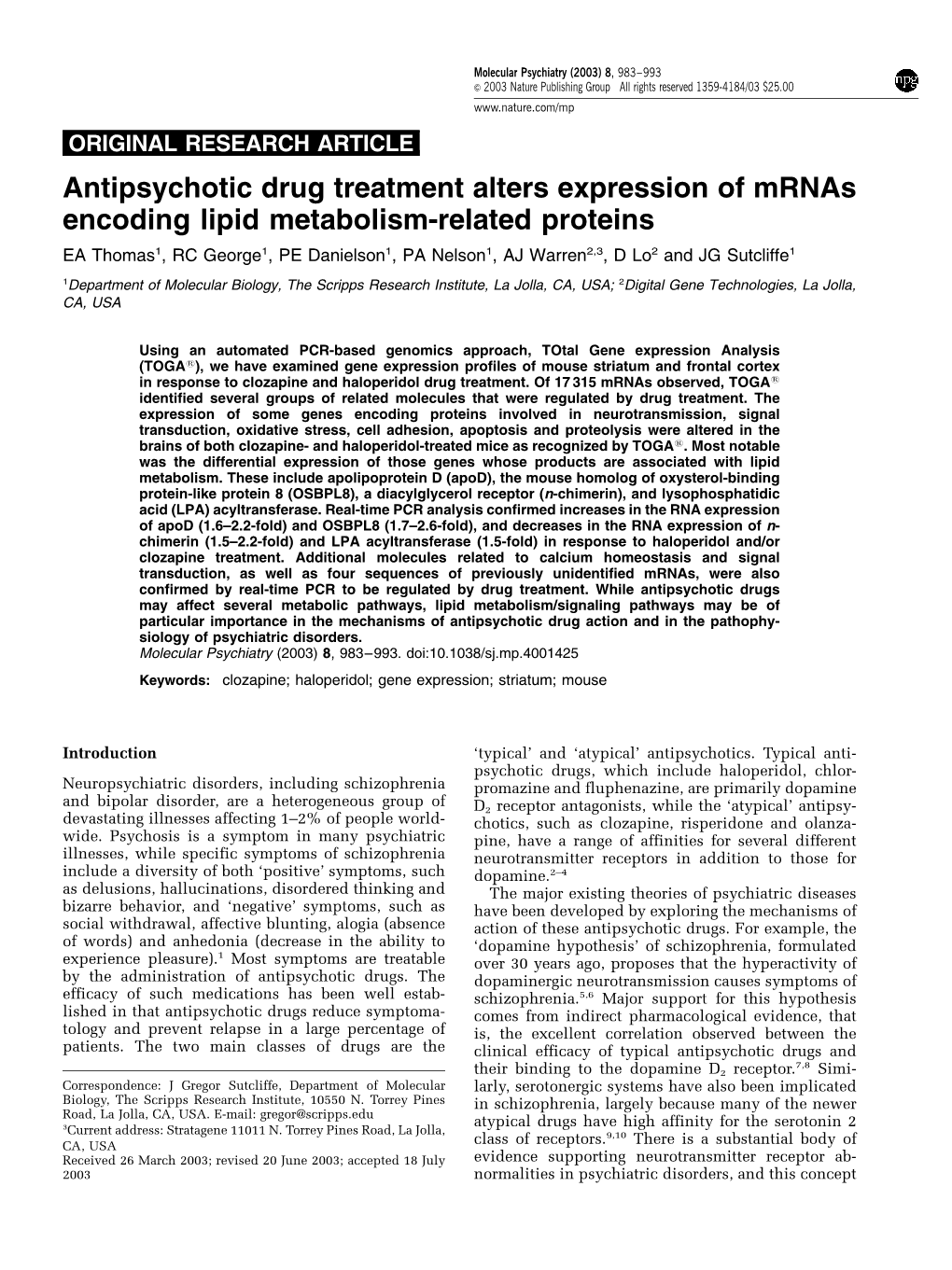 Antipsychotic Drug Treatment Alters Expression of Mrnas Encoding