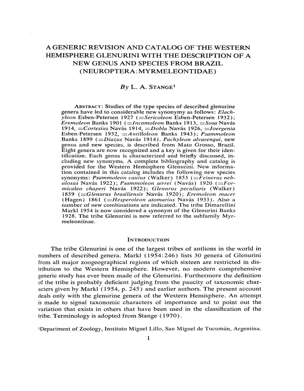 A Generic Revision and Catalog of the Western Hemisphere Glenurini with the Description of a New Genus and Species from Brazil (Neuroptera: Myrmeleontidae)