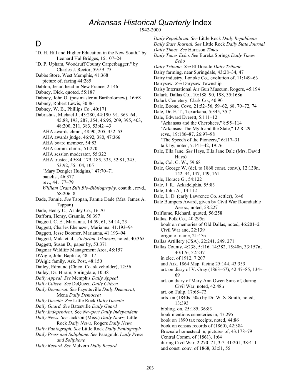 Arkansas Historical Quarterly Index D