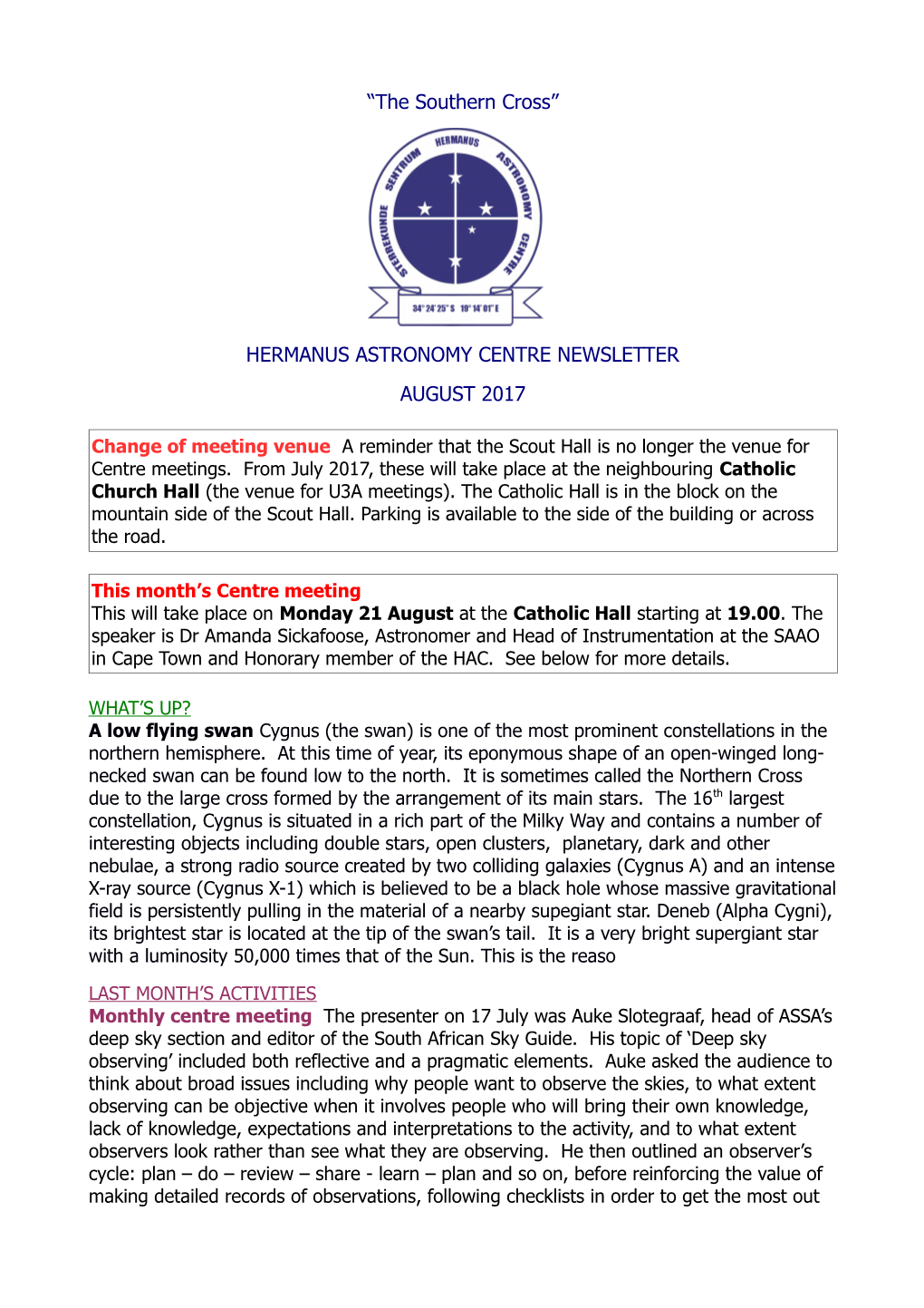 Hermanus Astronomy Centre Newsletter August 2017