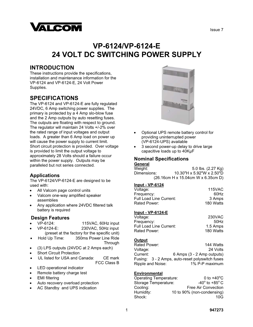Vp-6124/Vp-6124-E 24 Volt Dc Switching Power Supply