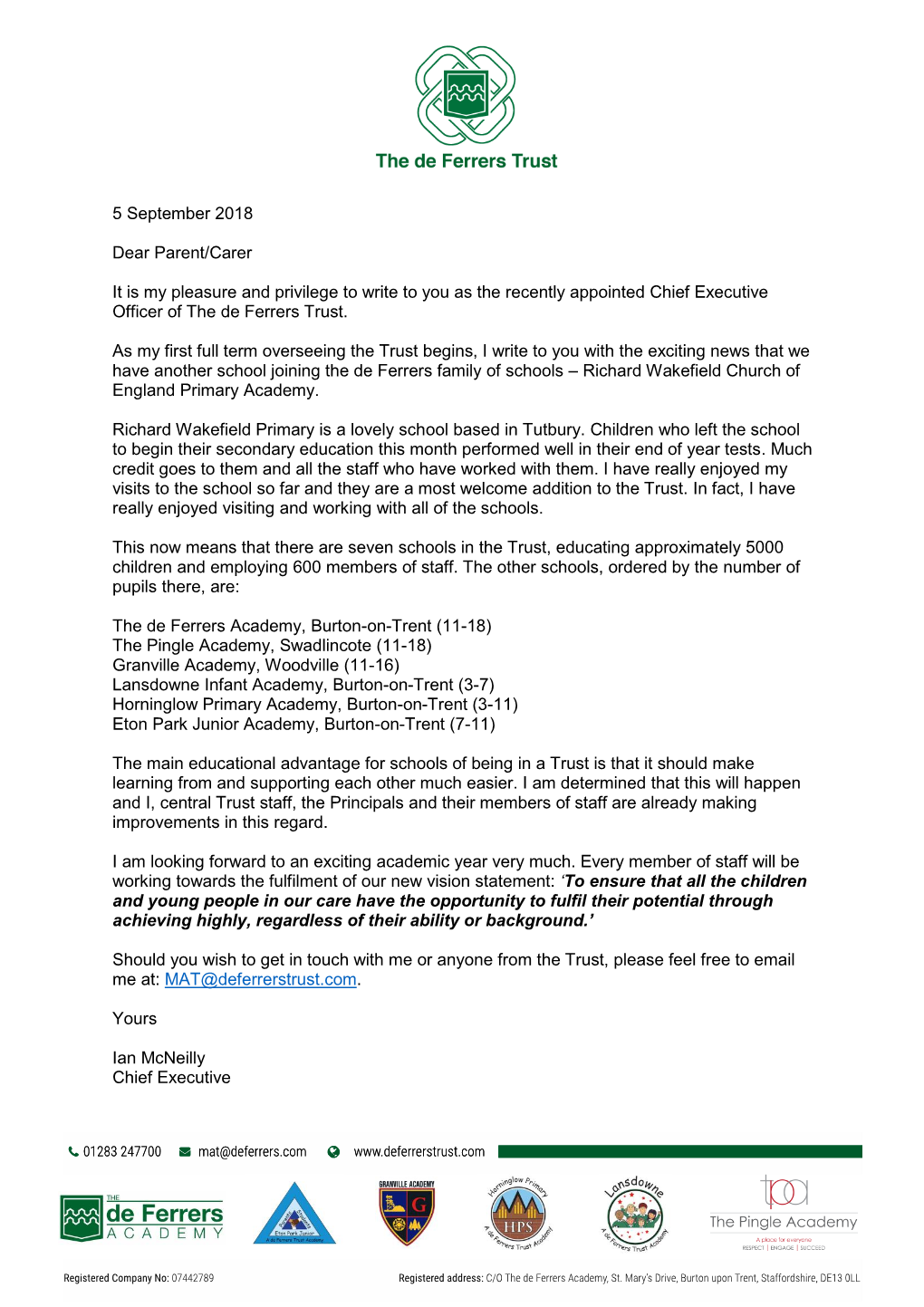 5 September 2018 Dear Parent/Carer It Is My Pleasure and Privilege to Write to You As the Recently Appointed Chief Executive