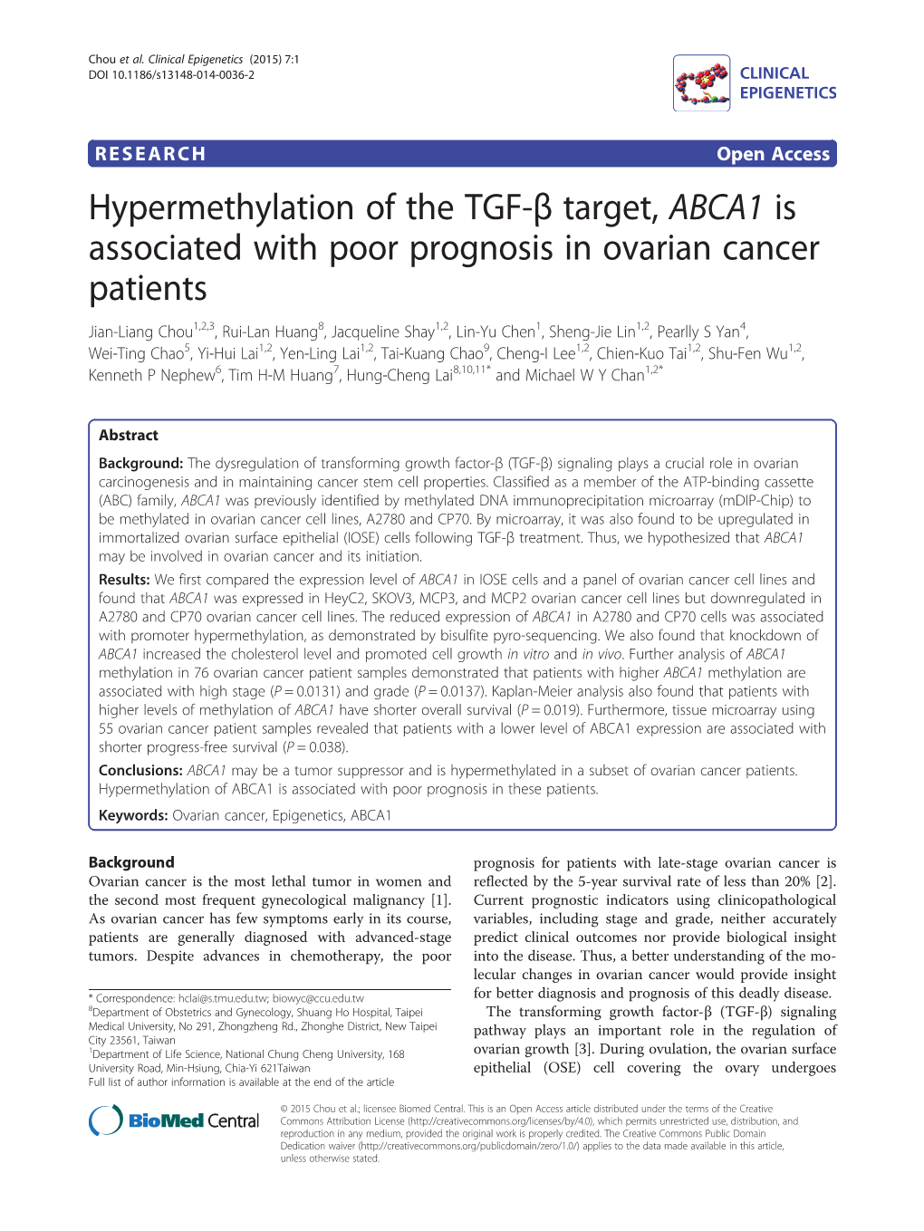 Hypermethylation of the TGF-Β Target, ABCA1 Is Associated with Poor